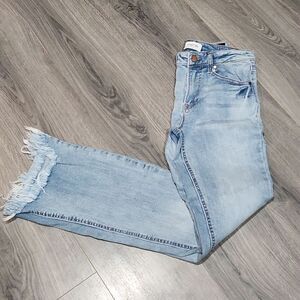 C'EST TOI Black Label High Rise Flare Light Wash Raw Step Hem Jeans